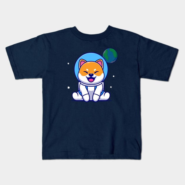 Cute Shiba Inu Dog Astronaut Sitting Cartoon Kids T-Shirt by Catalyst Labs